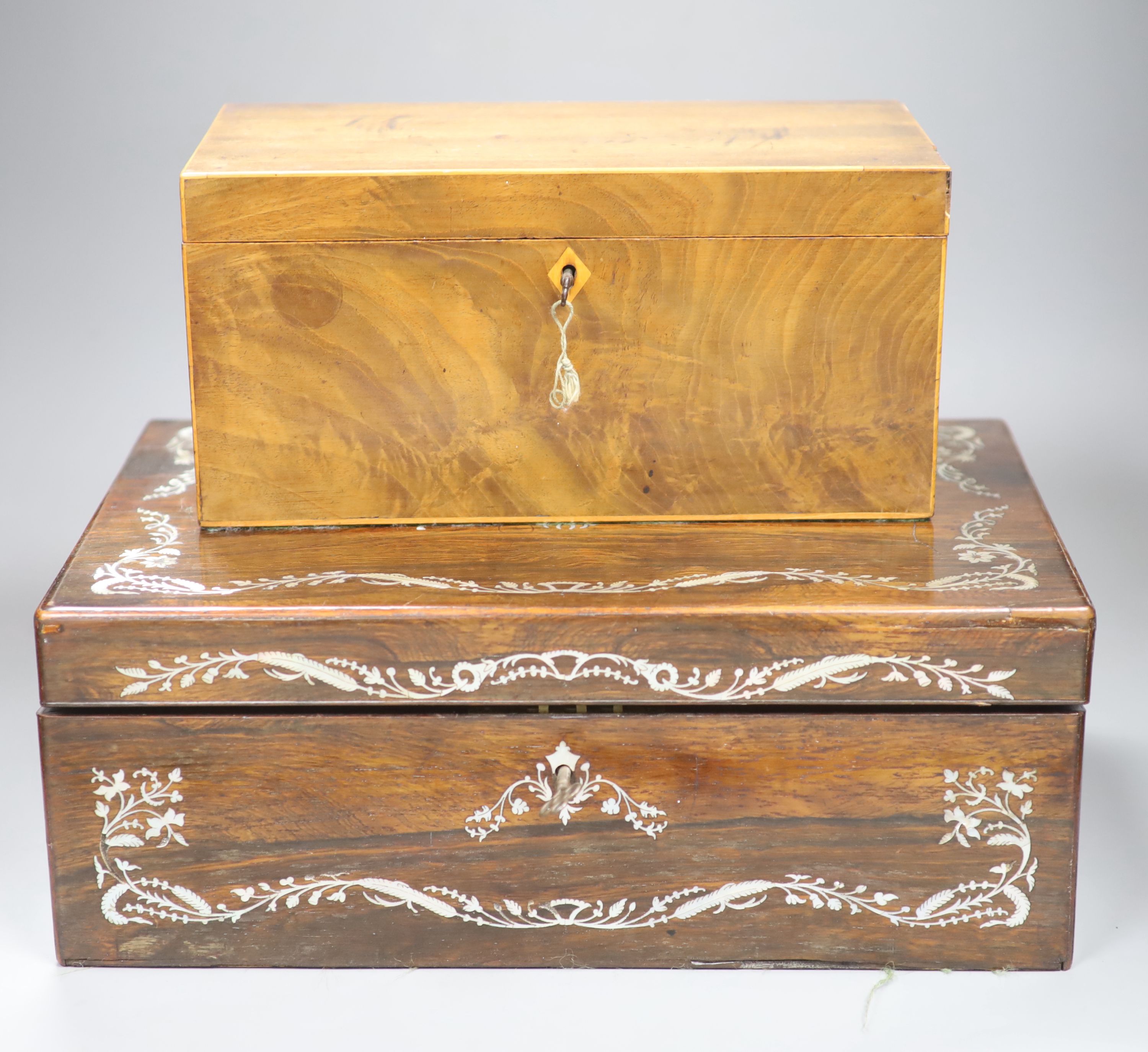 A George III mahogany tea caddy, width 30cm, together with a Victorian mother of pearl inlaid rosewood writing slope, width 40cm